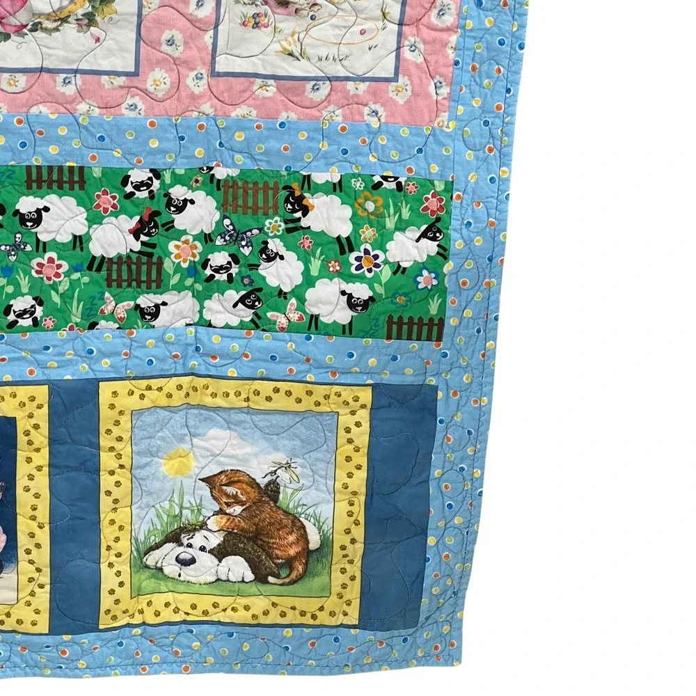Handmade Baby Quilt Animal Patchwork Teddy Bear Kitten Sheep Blue Nursery 46x56